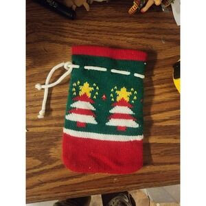 Vintage‎ Knitted Draw String Christmas Gift Bag Hanging Stocking
